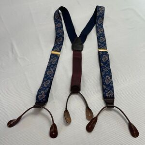 Pelican VTG Navy Blue Paisley Suspenders Brown Leather Braces